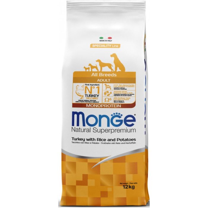 MONGE Natural Superpremium All Breeds Adult Monoprotein Turkey with Rice and Potatoes